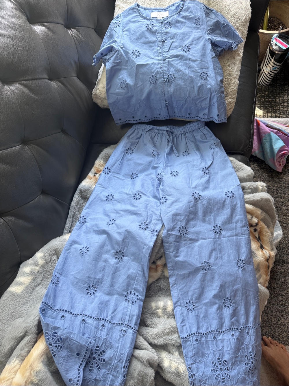 New Without Tags Zara Size 11-12 Light Blue Eyelet Cotton Kids Matching Set